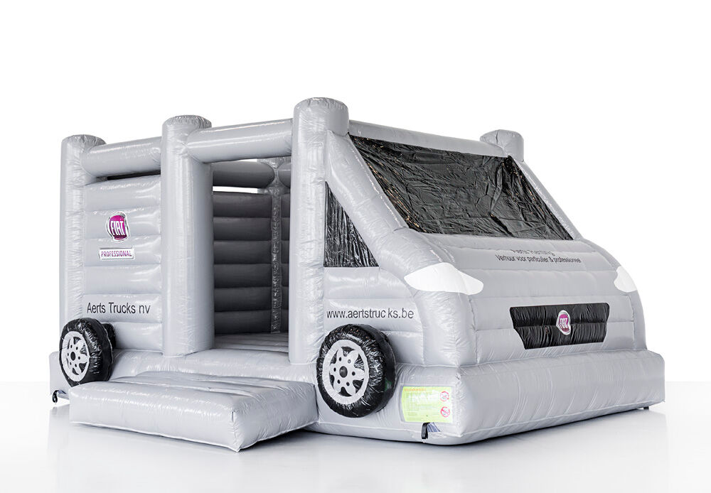 Promotionele maatwerk Aert truck bus springkussen in witte kleur online kopen. Bestel nu opblaasbare springkussens voor evenementen in eigen huisstijl bij JB Inflatables Nederland